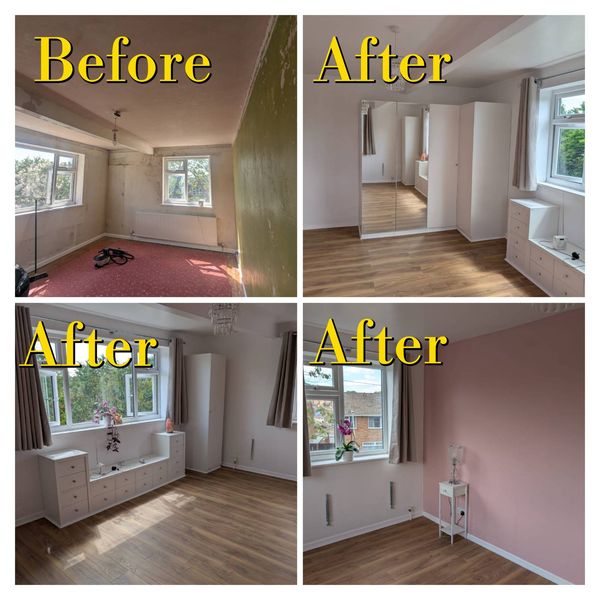 Before and after of a bedroom renovation. Before: damaged walls and an old red carpet. After: freshly decorated walls with a pink feature wall, wood-effect flooring and white fitted furniture.