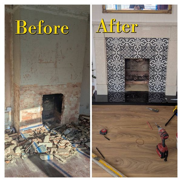 Before and after of a living room fireplace. Before: bare brick chimney breast and rubble on the floor. After: a cream fire surround with black and white patterned tiles, a black hearth and wood-effect flooring.